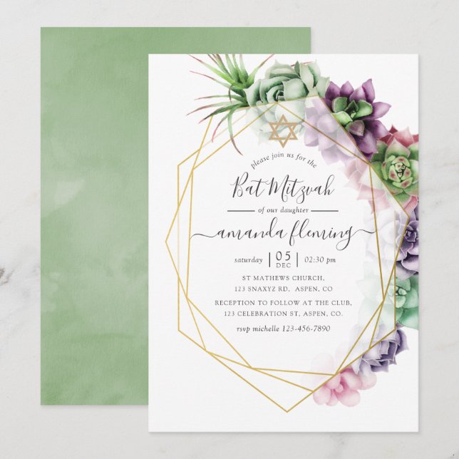 Invitación Watercolor Suculento Bat Geométrico Mitzvah (Anverso / Reverso)