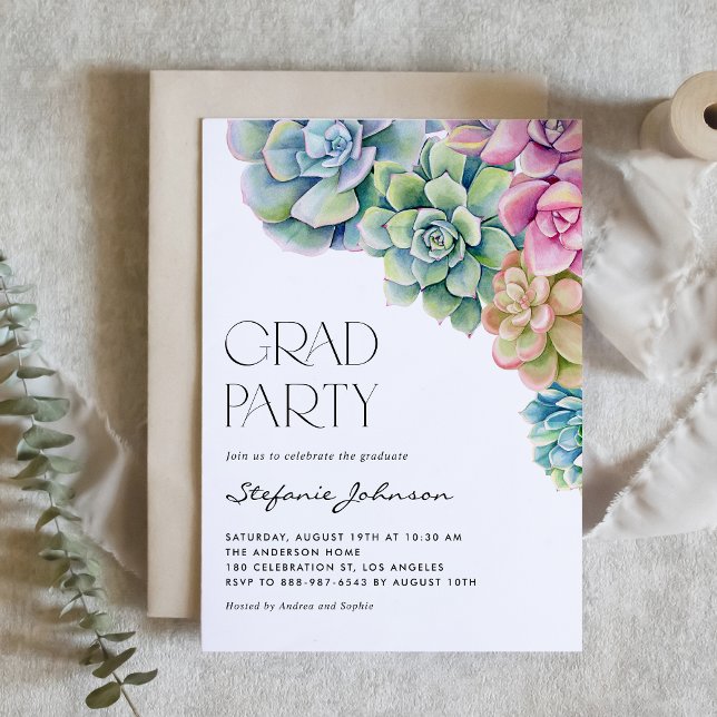Invitación Watercolor Suculents Boho Graduation Party (Subido por el creador)