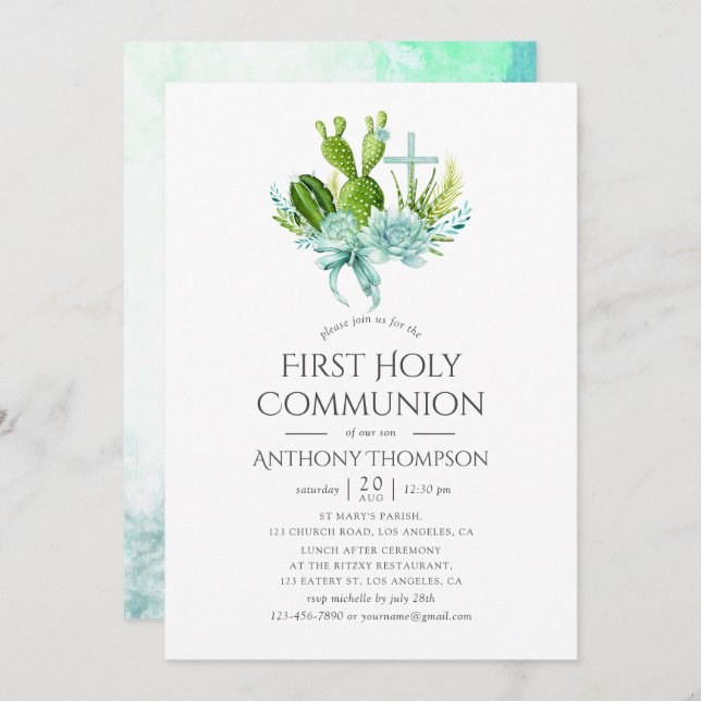 Invitación Watercolor Suculents Boy First Holy Communición (Anverso / Reverso)