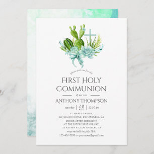 Invitación Watercolor Suculents Boy First Holy Communición