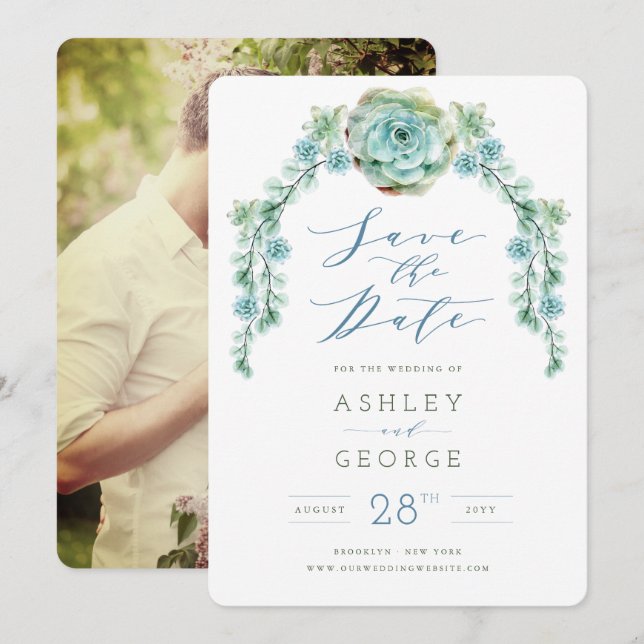 Invitación Watercolor Suculents Garden Wedding Save The Date (Anverso / Reverso)