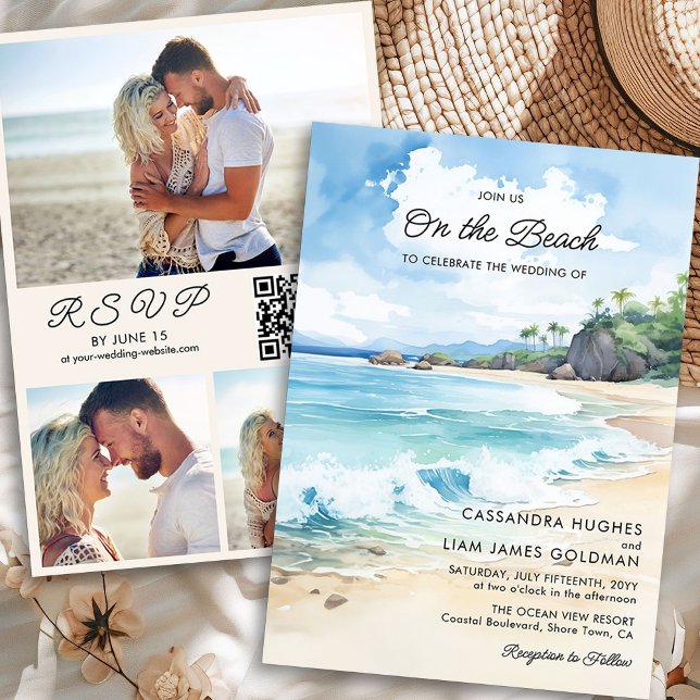 Invitación Watercolor Summer Beach Photo Wedding RSVP & (Photo Wedding Invitation with RSVP and QR Code from Summer Beach Wedding Collection by Darling & May)