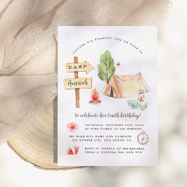 Invitación Watercolor Summer Camping Girls Birthday Party
