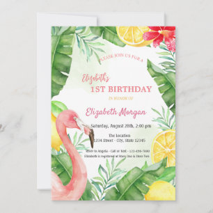 Invitación Watercolor Summer Flamingo First Birthaday