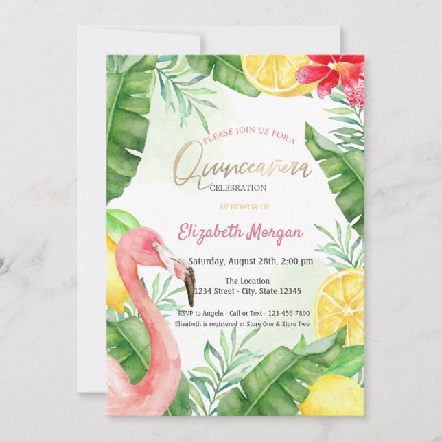 Invitación Watercolor Summer Flamingo Quinceanera (Anverso)