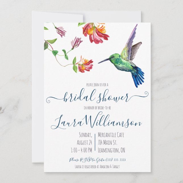 Invitación Watercolor Summer Hummingbird Ducha de novias (Anverso)