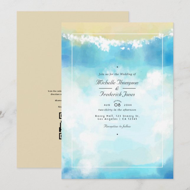 Invitación Watercolor Summer QR Code RSVP Beach Wedding (Anverso / Reverso)
