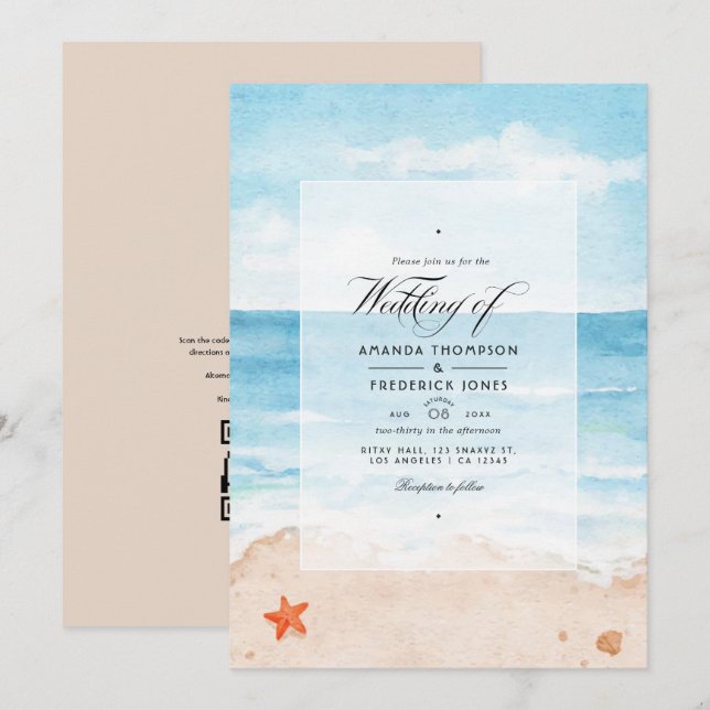 Invitación Watercolor Summer QR Code RSVP Beach Wedding (Anverso / Reverso)