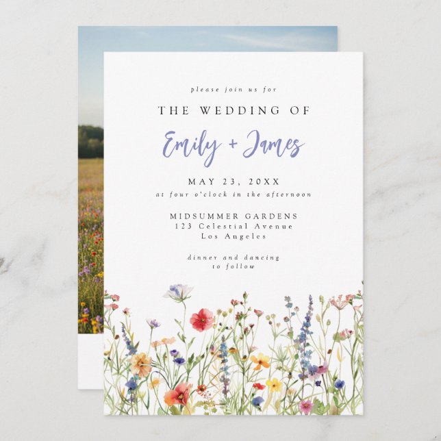 Invitación Watercolor Summer Wildflower Photo Wedding (Anverso / Reverso)