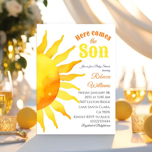 Invitación Watercolor Sun Here Come Son Sunshine Baby Shower (Subido por el creador)