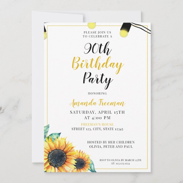 Invitación Watercolor Sunflower 90 cumpleaños (Anverso)
