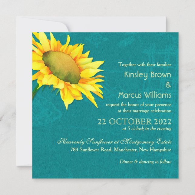 Invitación Watercolor Sunflower Blue Jade Boda (Anverso)