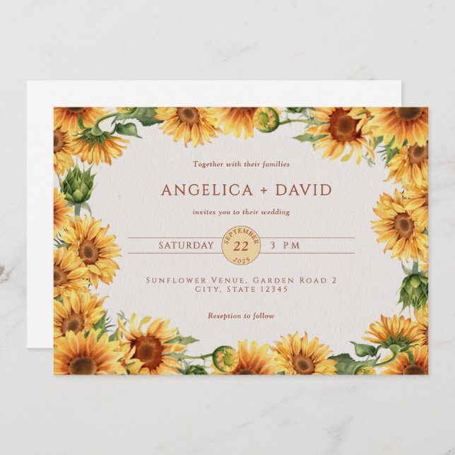 Invitación Watercolor Sunflower Border Wedding Invitation (Anverso / Reverso)