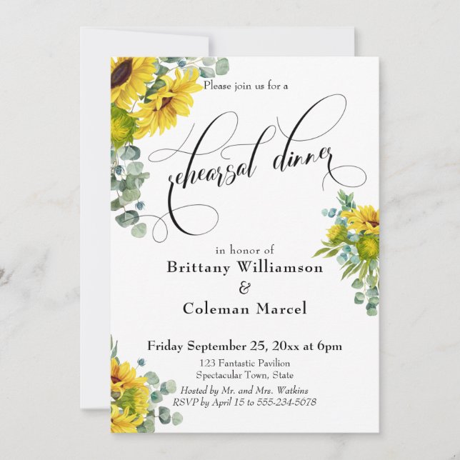Invitación Watercolor Sunflower Eucalyptus Cena de ensayo (Anverso)