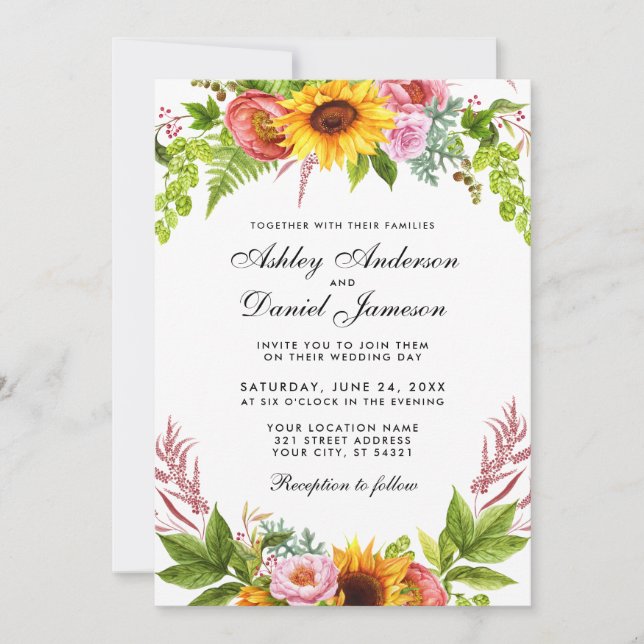 Invitación Watercolor Sunflower Floral Boda (Anverso)