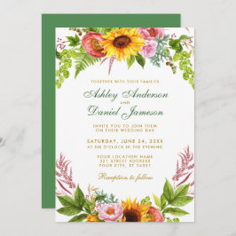 Invitación Watercolor Sunflower Floral Boda Dorado Verde