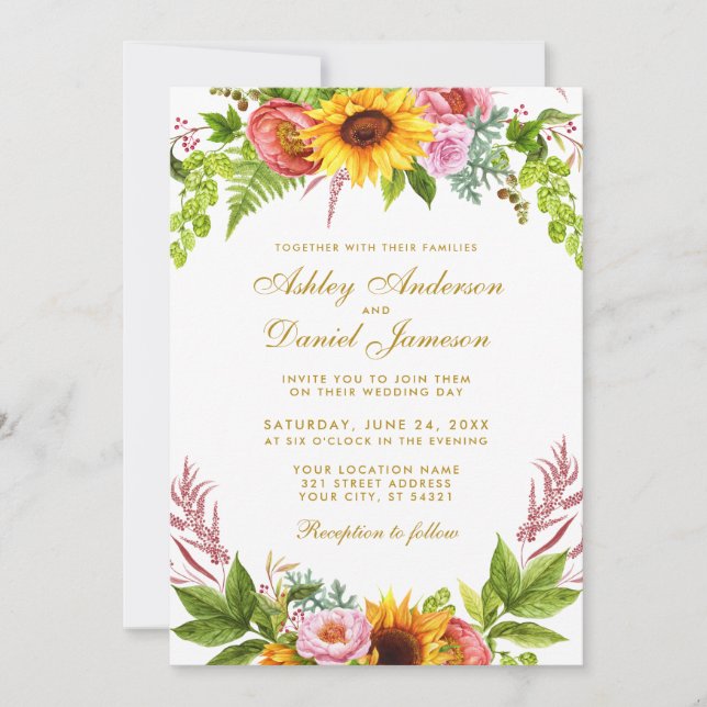 Invitación Watercolor Sunflower Floral Boda Gold (Anverso)
