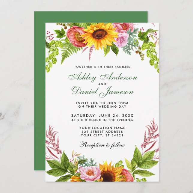 Invitación Watercolor Sunflower Floral Boda Verde (Anverso / Reverso)