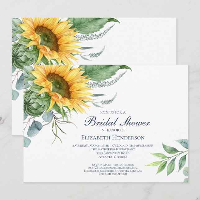 Invitación Watercolor Sunflower Floral Floral Bridal Shower (Anverso / Reverso)