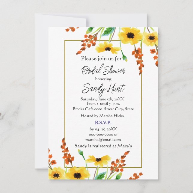 Invitación Watercolor Sunflower Floral Floral Bridal Shower (Anverso)