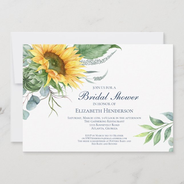 Invitación Watercolor Sunflower Floral Greeneration Bridal Sh (Anverso)