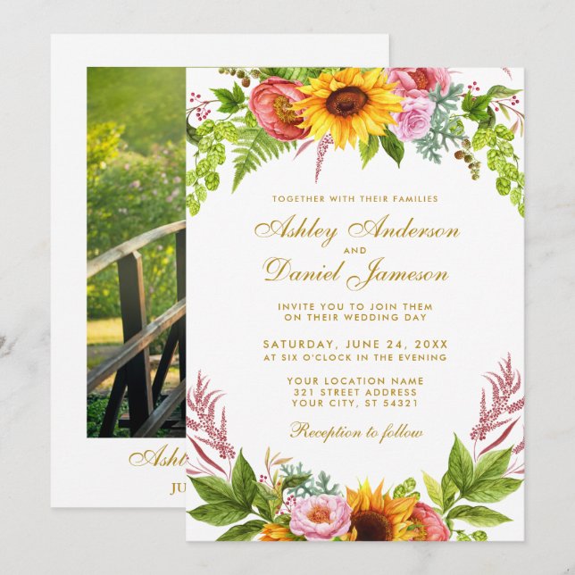 Invitación Watercolor Sunflower Floral Photo Boda Gold (Anverso / Reverso)