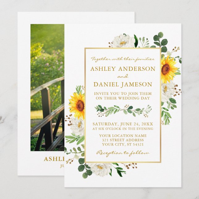 Invitación Watercolor Sunflower Floral Photo Gold Boda (Anverso / Reverso)
