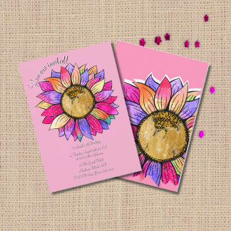 Invitación Watercolor Sunflower Floral Pink & Purple Birthday