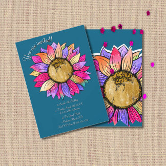Invitación Watercolor Sunflower Floral Teal Pink Birthday