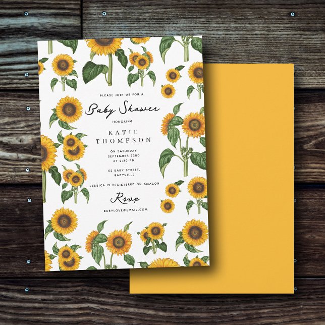 Invitación Watercolor Sunflower Foliage Botánico Baby Shower (Watercolor Sunflower Botanical Foliage Baby Shower Invitation)