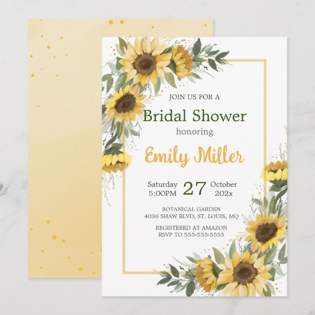 Invitación Watercolor Sunflower Greenery Bridal Shower (Anverso / Reverso)