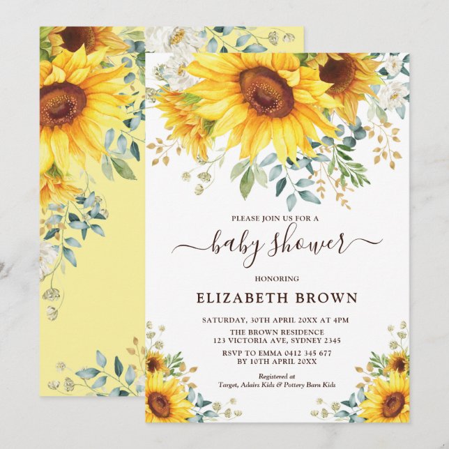 Invitación Watercolor Sunflower Greenery Garden Baby Shower (Anverso / Reverso)