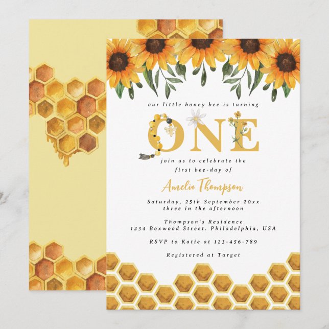 Invitación Watercolor Sunflower Honeycomb Primer Día de Abeja (Anverso / Reverso)