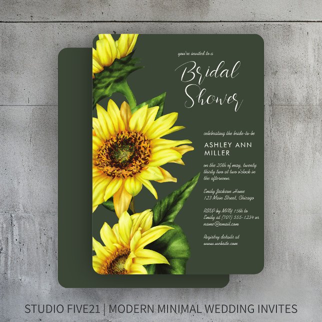 Invitación Watercolor Sunflower Moss Green Wedding Shower (Subido por el creador)