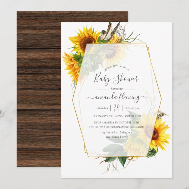Invitación Watercolor Sunflower Rustic Geométrico Baby Shower (Anverso / Reverso)