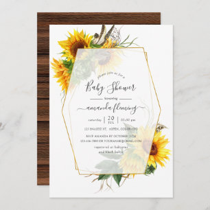 Invitación Watercolor Sunflower Rustic Geométrico Baby Shower