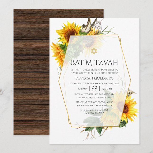 Invitación Watercolor Sunflower Rustic Geométrico Bat Mitzvah (Anverso / Reverso)