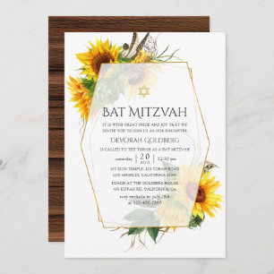 Invitación Watercolor Sunflower Rustic Geométrico Bat Mitzvah