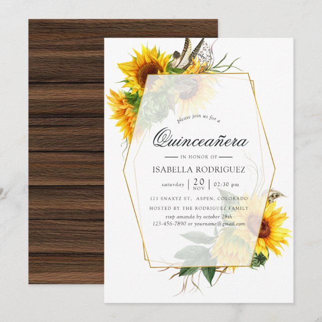 Invitación Watercolor Sunflower Rustic Geométrico Quinceañera (Anverso / Reverso)