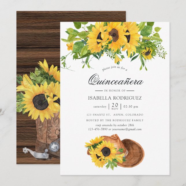 Invitación Watercolor Sunflower Rustic Western Quinceañera (Anverso / Reverso)