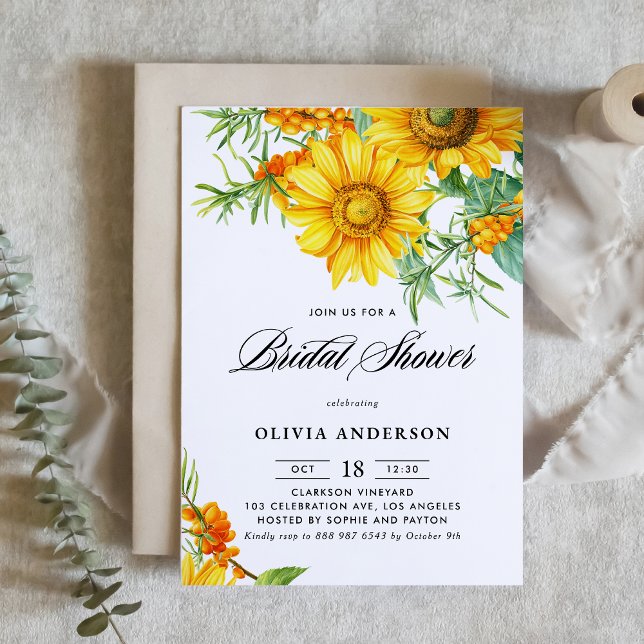 Invitación Watercolor Sunflower & Sea Buckthorn Bridal Shower (Botanical bridal shower invitation featuring illustrations of yellow sunflower and sea buckthorn.)