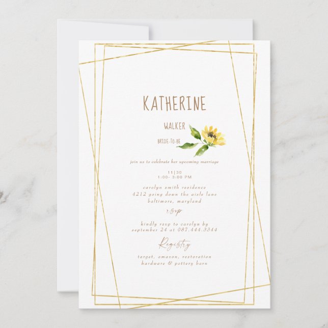 Invitación Watercolor Sunflower Stem Moderno Ducha Bridal (Anverso)