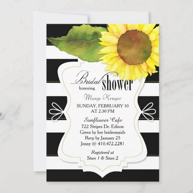 Invitación Watercolor Sunflower & Stripes Bridal Shower (Anverso)