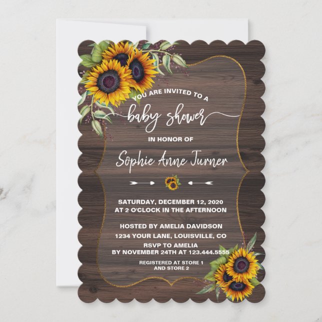 Invitación Watercolor Sunflower Wood Handwriter Baby Shower (Anverso)
