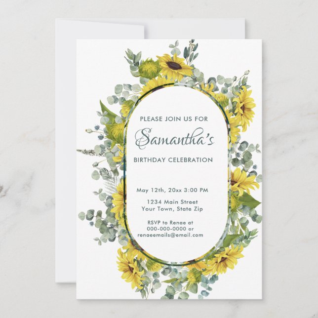 Invitación Watercolor Sunflower Wreath Birday Party (Anverso)