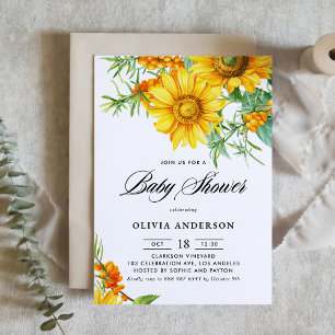 Invitación Watercolor Sunflower y Sea Buckthorn Baby Shower