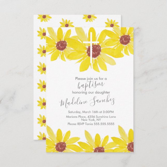 Invitación Watercolor Sunflowers Baptism Hand Pintado (Anverso / Reverso)