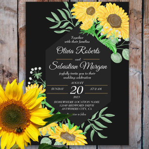 Invitación Watercolor Sunflowers Black Hexagon Boda