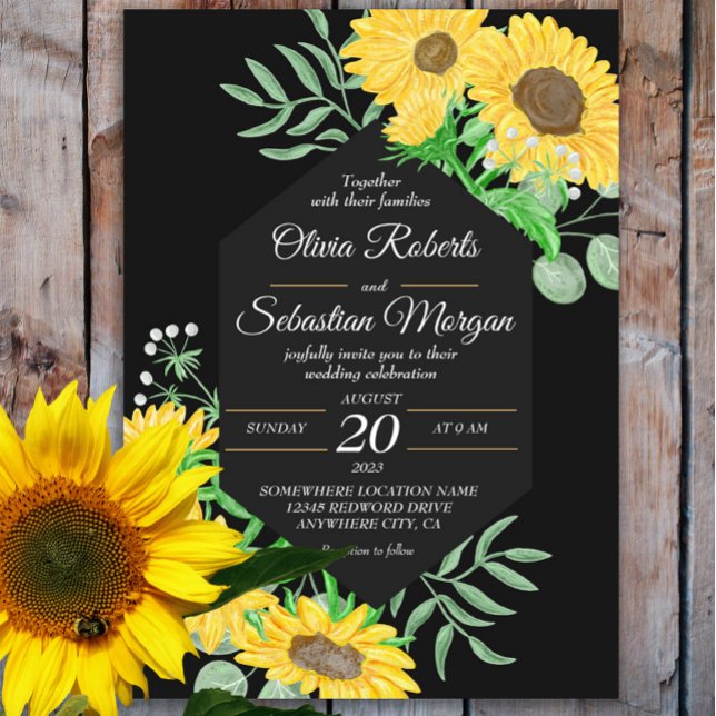 Invitación Watercolor Sunflowers Black Hexagon Boda (Subido por el creador)