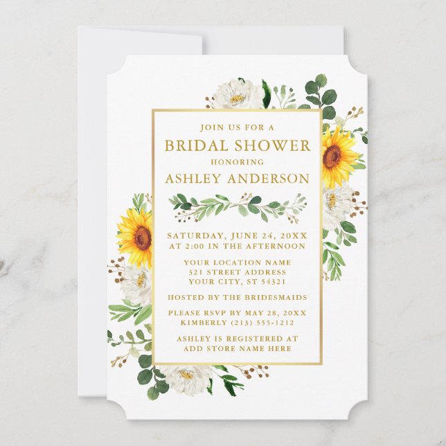 Invitación Watercolor Sunflowers Bridal Shower White Flour (Anverso)